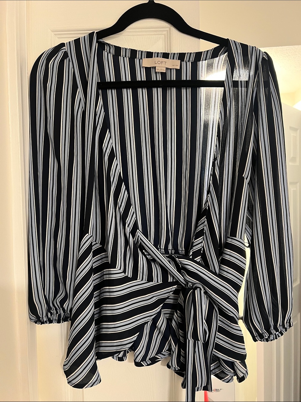 LOFT Navy and White Striped Wrap Blouse
